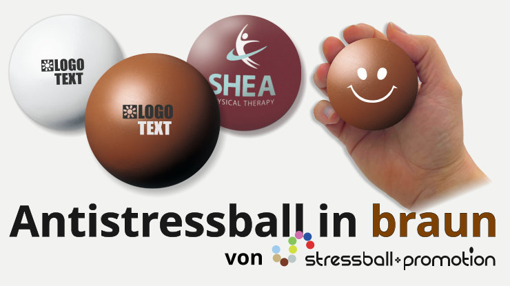 Antistressball in braun - Bild mit einem braunen Antistressball in braun bedruckt mit Logo oder Slogan als Werbeartikel