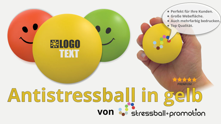 Antistressball in gelb - Bild mit einem gelben Antistressball mit Logo bedrucken als Antistress Werbeartikel