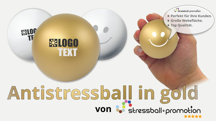Antistressball in gold - Bild mit einem goldenen Antistressball in schwarz bedruckt mit Logo oder Slogan als Werbeartikel