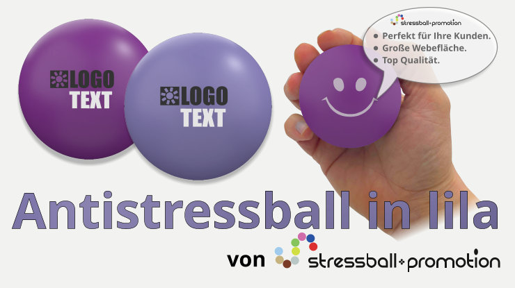 Antistressball in lila violett flieder - Bild mit einem lilanen violetten Antistressball in lila bedruckt mit Logo oder Slogan als Werbeartikel