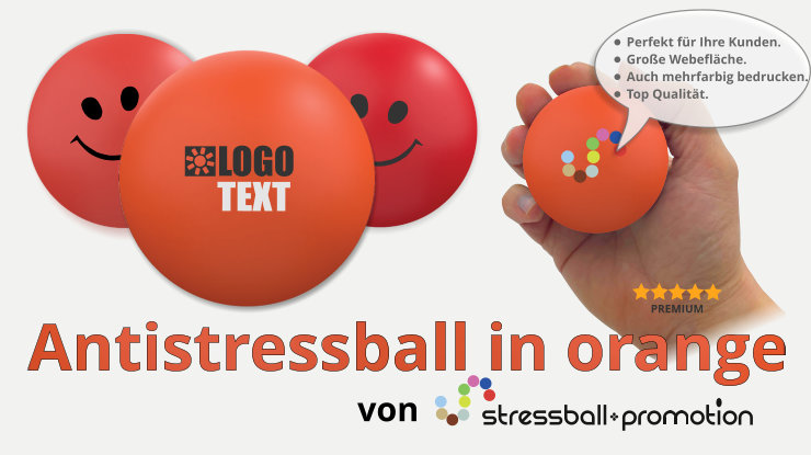 Antistressball in orange - Bild mit einem Antistressball in orange mit Logo bedrucken als Antistress Werbeartikel