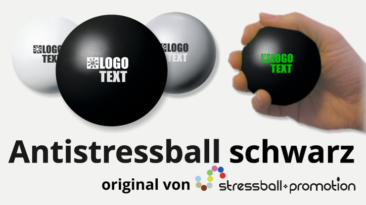 Antistressball in schwarz - Bild mit einem schwarzen Antistressball in schwarz bedruckt mit Logo oder Slogan als Werbeartikel