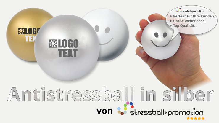 Antistressball in silber - Bild mit einem silbernen Antistressball bedruckt mit Logo oder Slogan als Werbeartikel