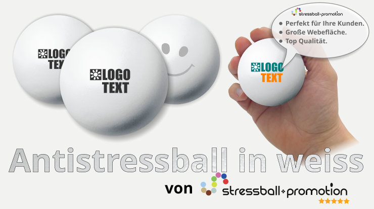 Antistressball in weiss - Bild mit einem weissen Antistressball in weiss bedruckt mit Logo oder Slogan als Werbeartikel