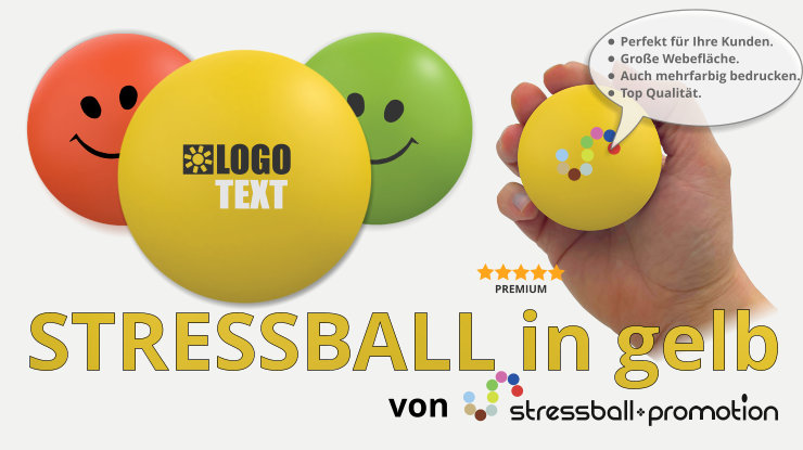 Stressball in gelb - Bild mit einem gelben Stressball mit Logo bedrucken als Antistress Werbeartikel