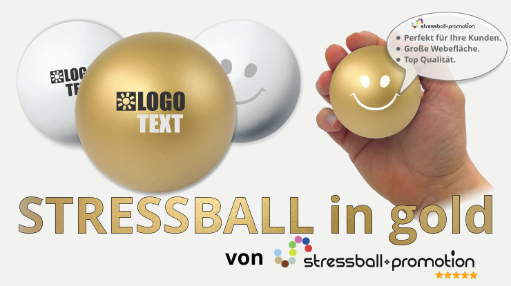 Stressball in gold - Bild mit einem goldenen Anti Stressball in gold bedruckt mit Logo oder Slogan als Werbeartikel