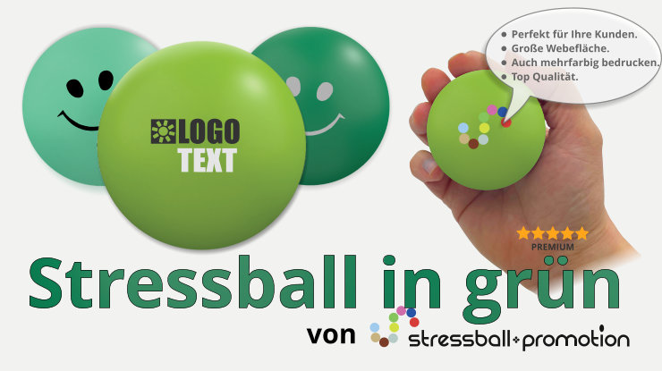 stressball in grün - Bild mit einem grünen Stressball in grün bedruckt mit Logo oder Slogan als Werbeartikel