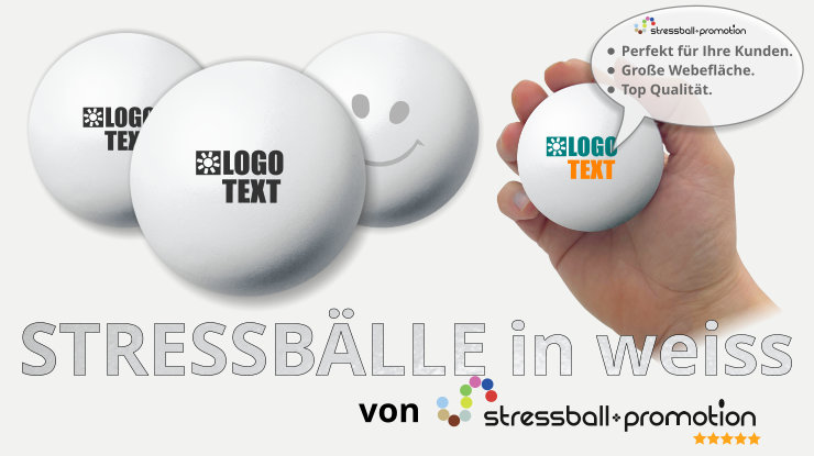 Stressball in weiss - Bild mit einem weissen Anti Stressball in weiss bedruckt mit Logo oder Slogan als Werbeartikel