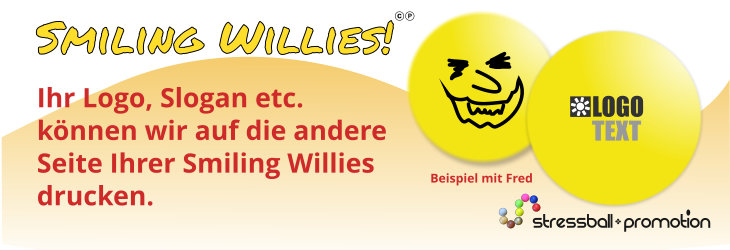 Anti Stress Bälle Smiley Smiling Willies mit Logo bedrucken lassen