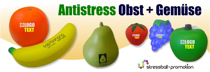 Bild Antistress Werbeartikel aus Schaumstoff, Bananen, Birnen, Erdbeeren, Blaubeeren, Äpfel