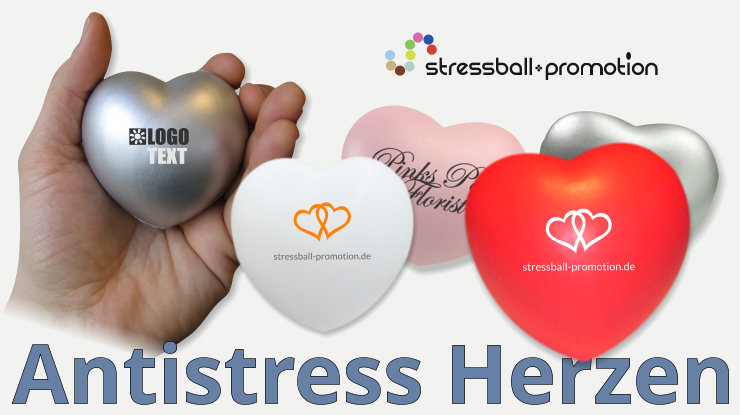 Bild mit eienm Stressball bzw. Antistressball Herz bedruckbar mit Firmenlogo oder Text nach Wahl